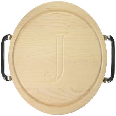 BigWood Boards Oval Cutting Board with Square Polished Aluminum Handle, 12-Inch by 18-Inch by 1-Inch, Monogrammed "J", Maple