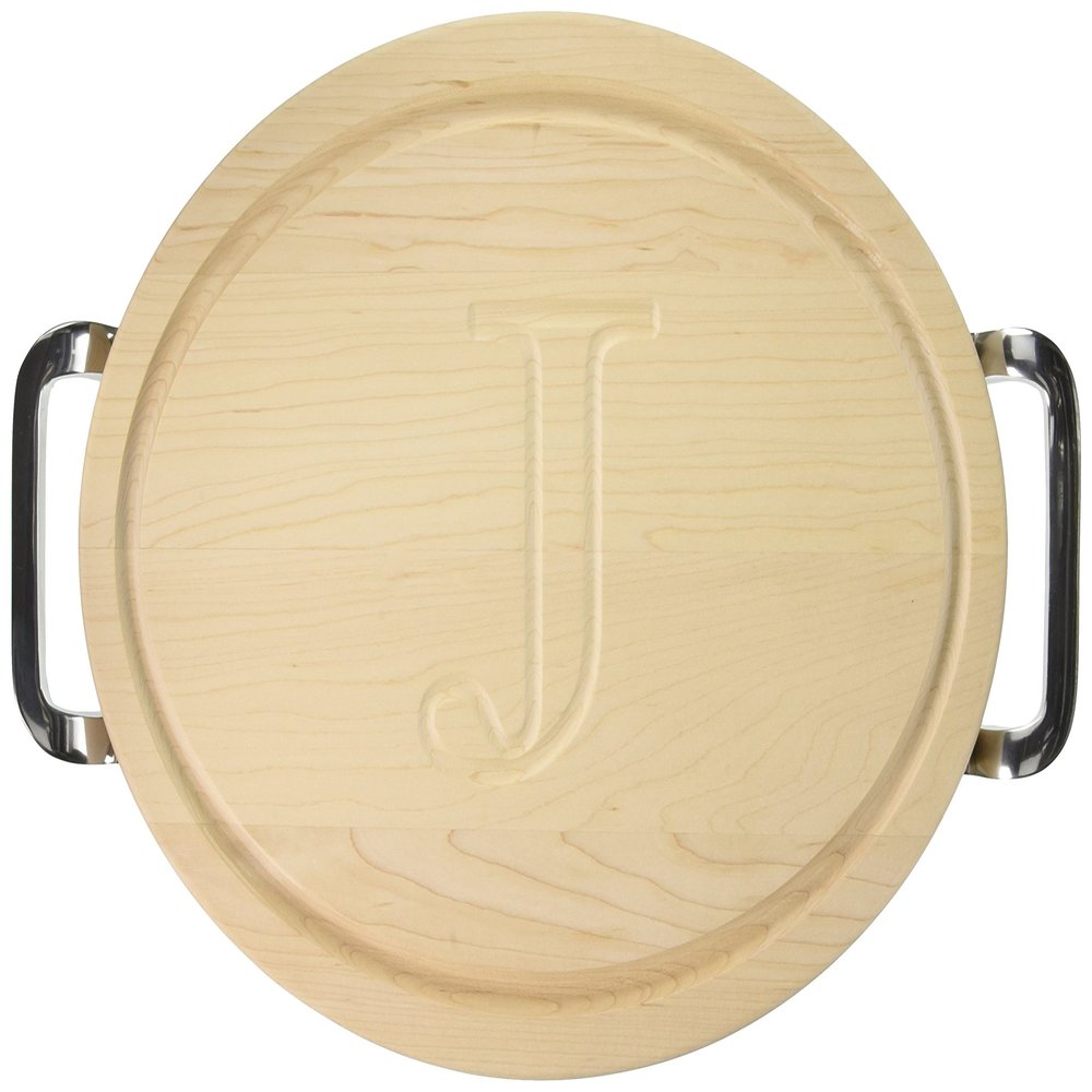 BigWood Boards Oval Cutting Board with Square Polished Aluminum Handle, 12-Inch by 18-Inch by 1-Inch, Monogrammed "J", Maple