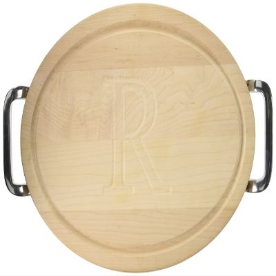 BigWood Boards Oval Cutting Board with Square Polished Aluminum Handle, 12-Inch by 18-Inch by 1-Inch, Monogrammed "R", Maple