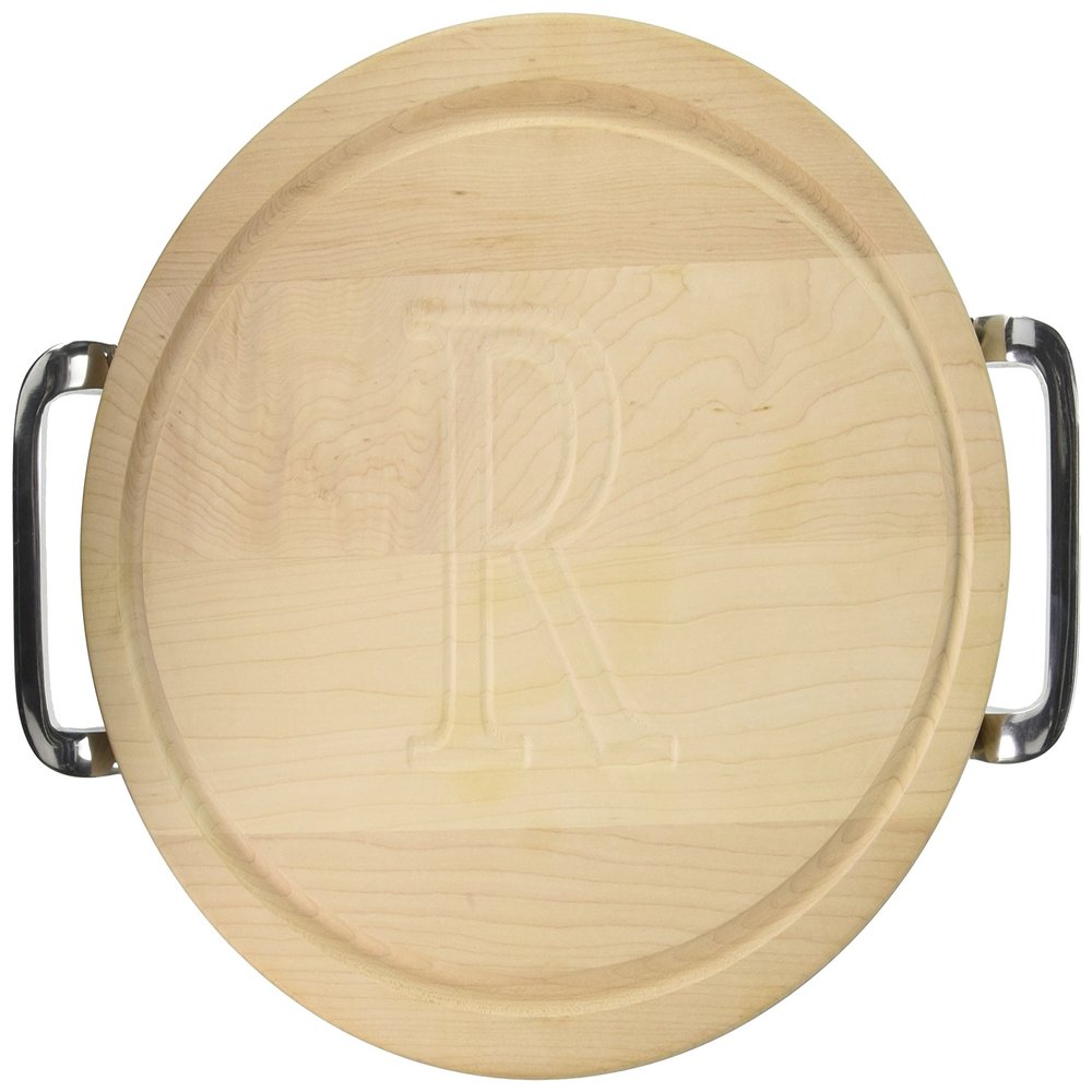BigWood Boards Oval Cutting Board with Square Polished Aluminum Handle, 12-Inch by 18-Inch by 1-Inch, Monogrammed "R", Maple