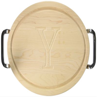 BigWood Boards Oval Cutting Board with Square Polished Aluminum Handle, 12-Inch by 18-Inch by 1-Inch, Monogrammed "Y", Maple