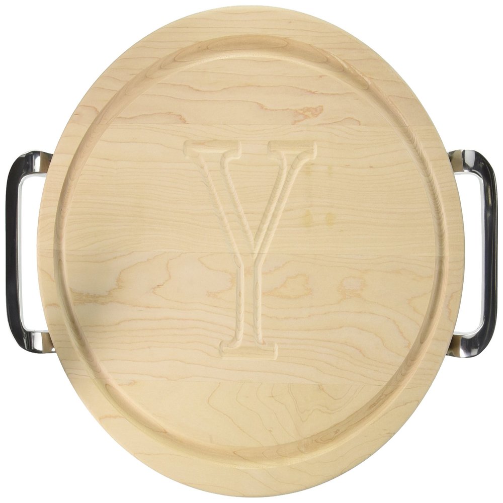 BigWood Boards Oval Cutting Board with Square Polished Aluminum Handle, 12-Inch by 18-Inch by 1-Inch, Monogrammed "Y", Maple