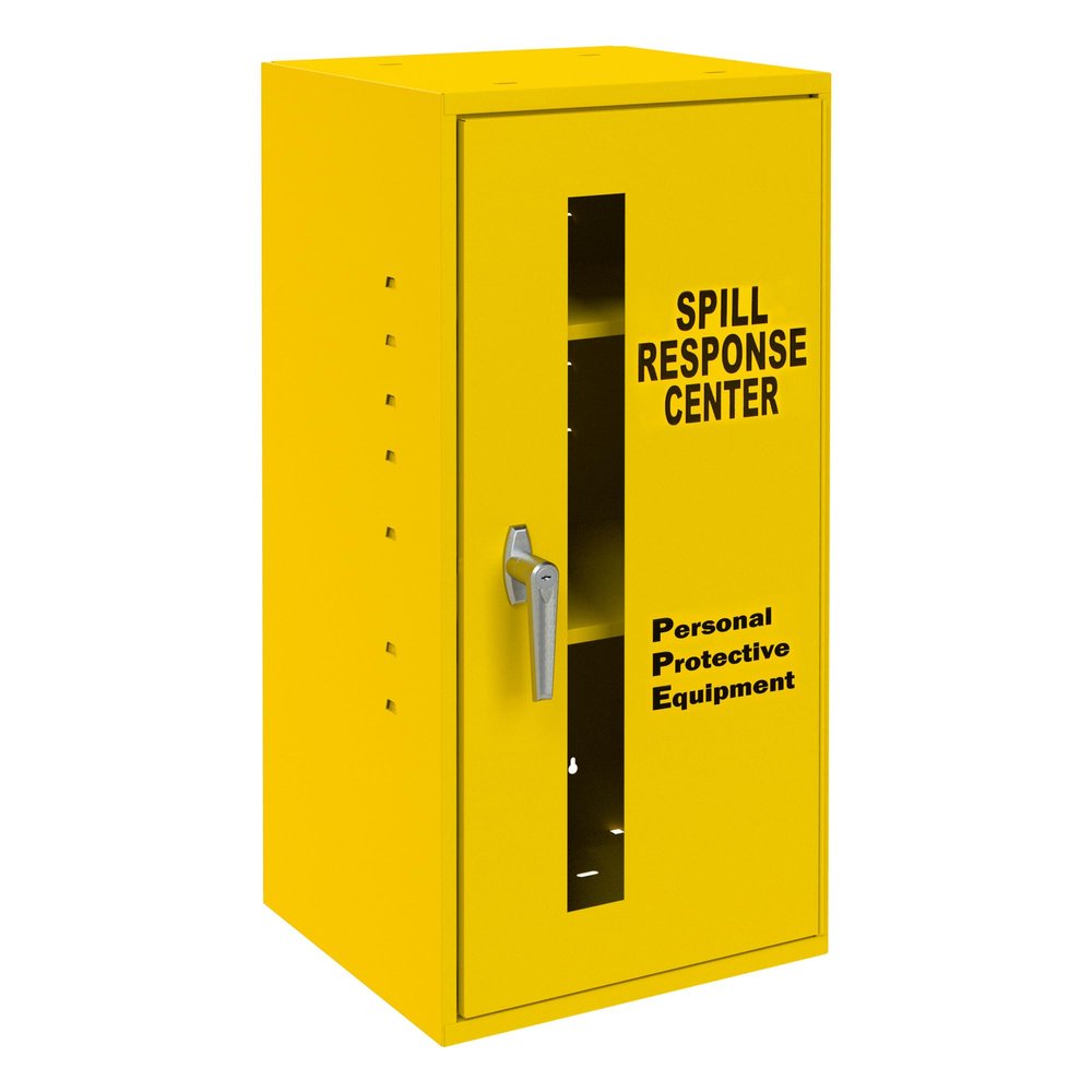 Durham 052-50 Steel Spill Control/Respirator Cabinet, 12-3/4" Length x 13-3/4" Width x 30" Height, 2 Shelves, Yellow Powder Coated Finish