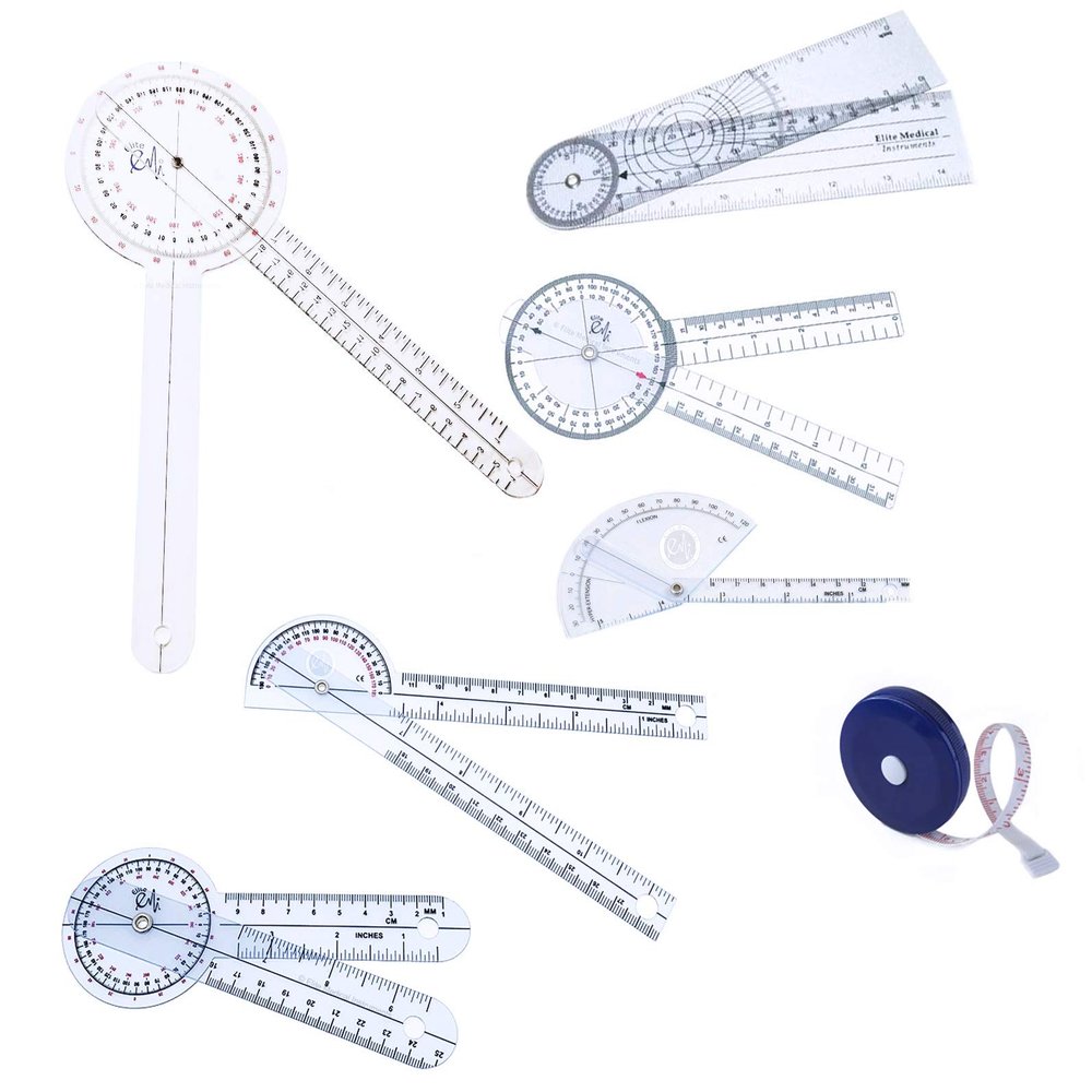 Elite Medical Instruments USA The Original 6 Piece Quality Goniometer Set Plus Measuring Tape - 7 Pieces Total EGM-431