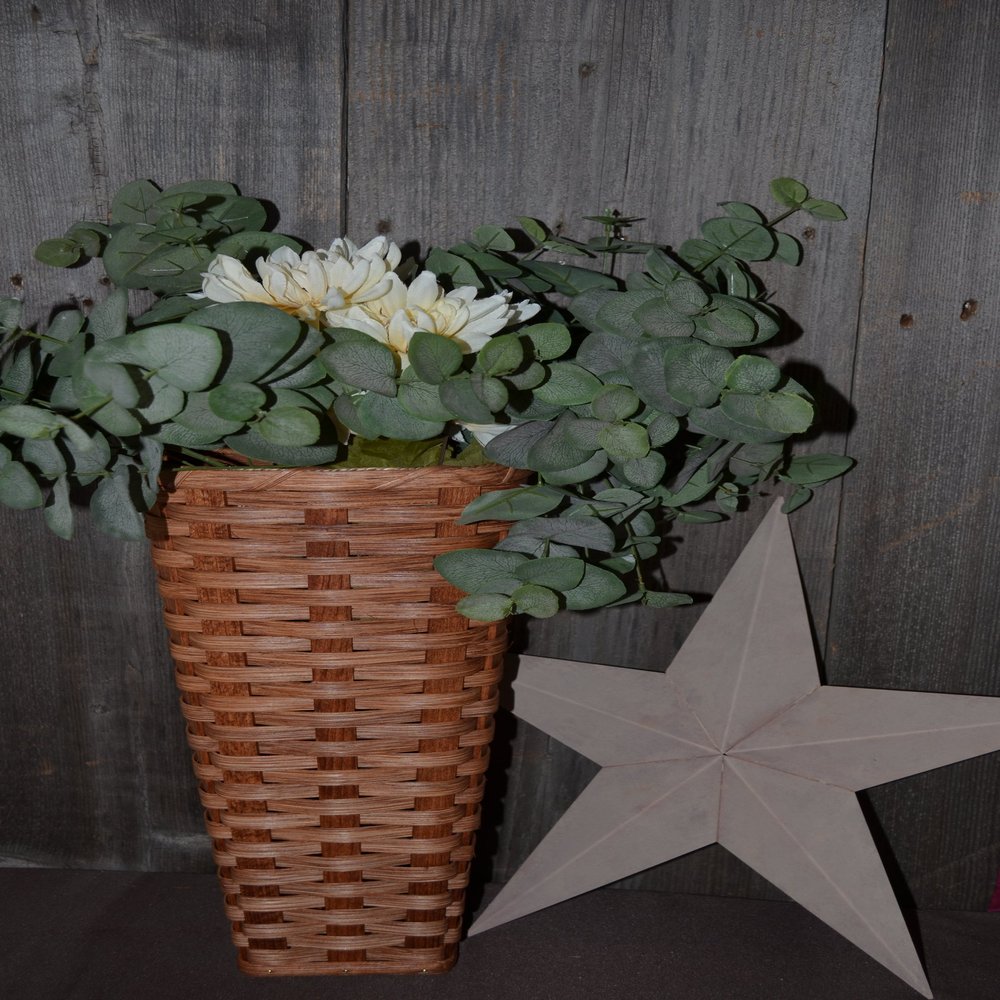 Amish Handwoven Hanging Basket Perfect for Decorative Flowers. Approximate Measurements 4.5" X 4.5" 16" Tall and Has a Large Leather Loop Fastened to The Back to Enable Hanging from The Wall.