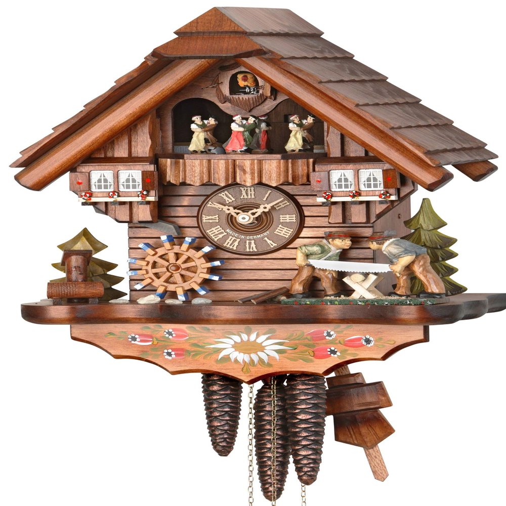 Hekas Cuckoo Clock Black Forest House with Moving Wood sawers and Mill Wheel