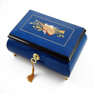 Impressive Royal Blue Instrument and Floral Wood Inlay Musical Jewelry Box - Many Songs to Choose - Thank Heaven for Little Girls