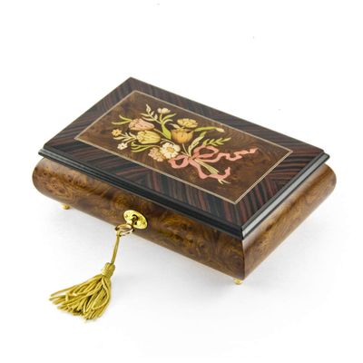 Classic Music Box Features Nostalgic Design of A Floral Bouquet Tied with Pink Ribbon - Many Songs to Choose - Torna A Sorrento (Return to Sorrento)