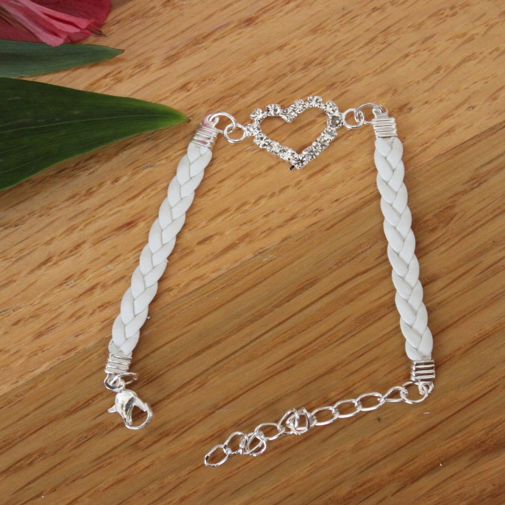 FavorOnline Sparkling Crystal Heart White Leather Bracelets with Silver Chain