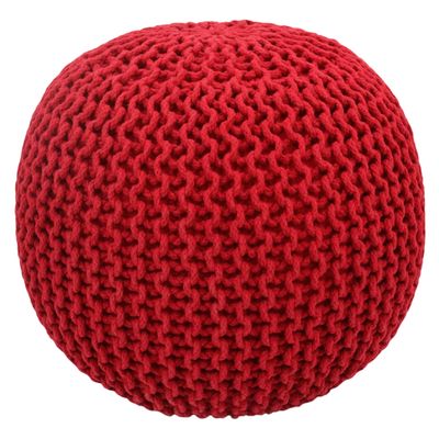 COTTON CRAFT - Hand Knitted Cable Style Dori Pouf - Red - Floor Ottoman - Cotton Braid Cord - Handmade & Hand Stitched - Truly one of a Kind Seating - 20 Dia x 14 High