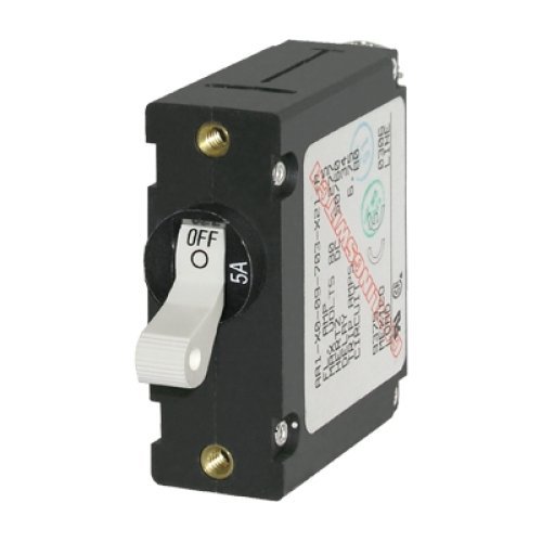 BLUE SEA SYSTEMS BS-7210 / Circuit Breaker, A Series, single pole, white toggle switch, 15A AC/DC, MFG# 7210, Magnetic/hydraulic operation, panel mount with 5/8" round opening, won039;t reset w/ short
