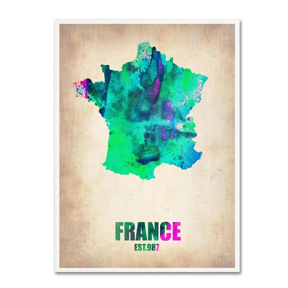 Trademark Fine Art France Watercolor Map by Naxart Canvas Wall Art, 18 by 24-Inch