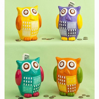 Multicolored Ceramic owl Banks - 4 Count