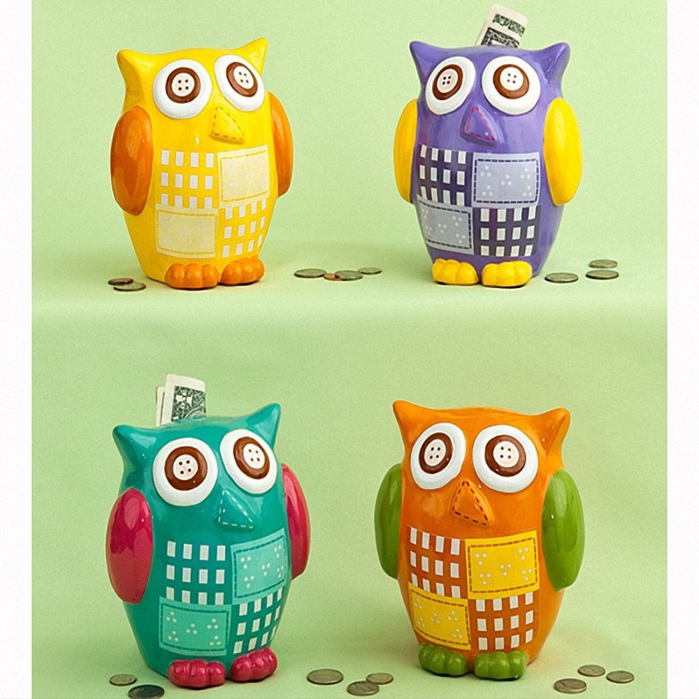 Multicolored Ceramic owl Banks - 4 Count