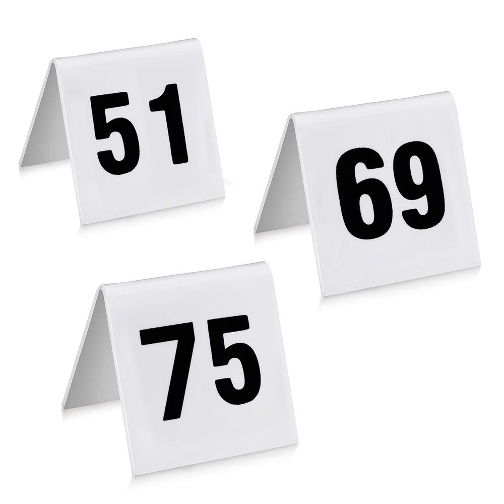 New Star Foodservice 27617 Stainless Steel Tent Style Table Number Card (White 51-75 (1.7" x 2"))