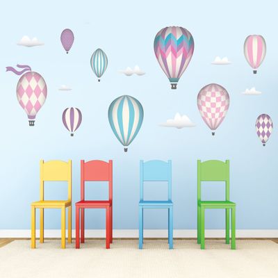 Hot Air Balloons Fabric Wall Decals - Jumbo Size in Pink - Five Color Options Available - Set of 9 Hot Air Balloons and Clouds