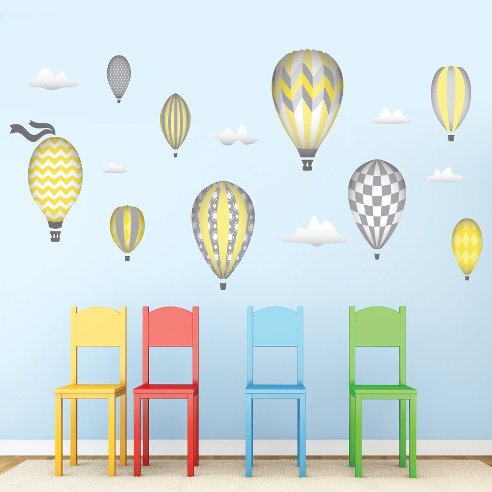 Hot Air Balloons Fabric Wall Decals - Jumbo Size in Yellow - Five Color Options Available - Set of 9 Hot Air Balloons and Clouds