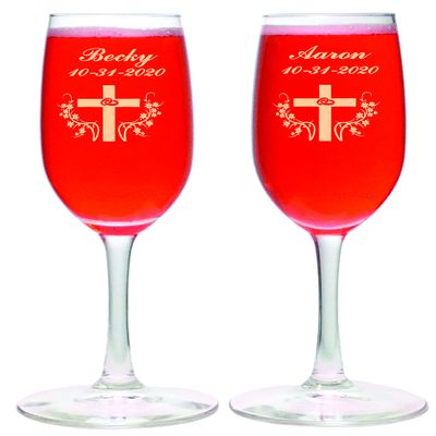 Aaron's Etching 2 Personalized Etched Double Rings Cross Toasting Champagne Wedding Anniversary 8 oz clear Flute Glasses