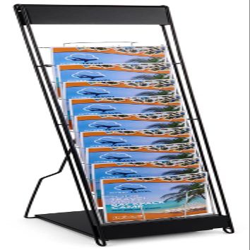 Portable Magazine Rack with 10 Pockets for 8.5x11 Catalogs, Carry Bag Included, 54"h Floor-Standing Literature Display with Tiered Design, Steel (Black)