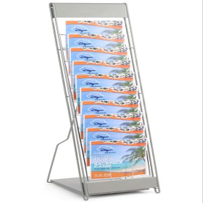 Displays2go Portable Literature Stand with 10 Pockets for 8.5x11 Magazines, Carrying Bag Included, 54" h Floor-Standing Magazine Rack with Tiered Design, Steel (Silver)
