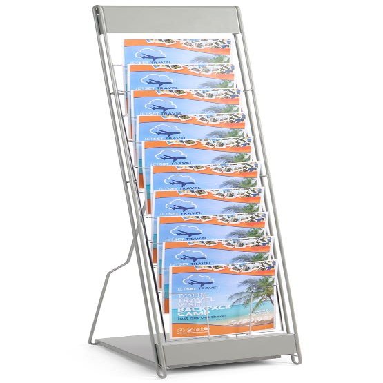 Displays2go Portable Literature Stand with 10 Pockets for 8.5x11 Magazines, Carrying Bag Included, 54" h Floor-Standing Magazine Rack with Tiered Design, Steel (Silver)