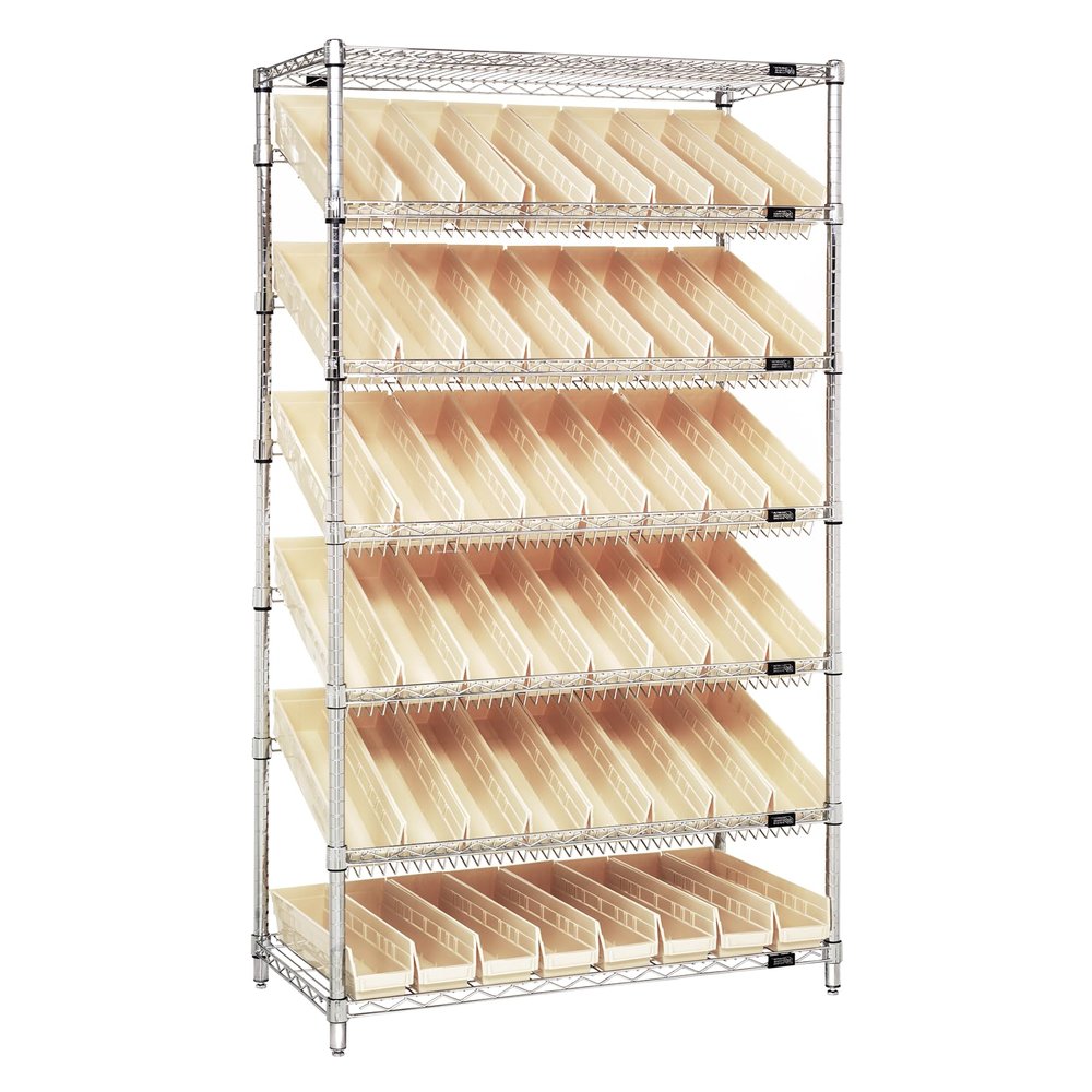 Quantum Storage Systems WRS-7-103IV Wire Slanted 7 Shelves 48 Economy Ivory Bins 74" H x 36" W x 18" D