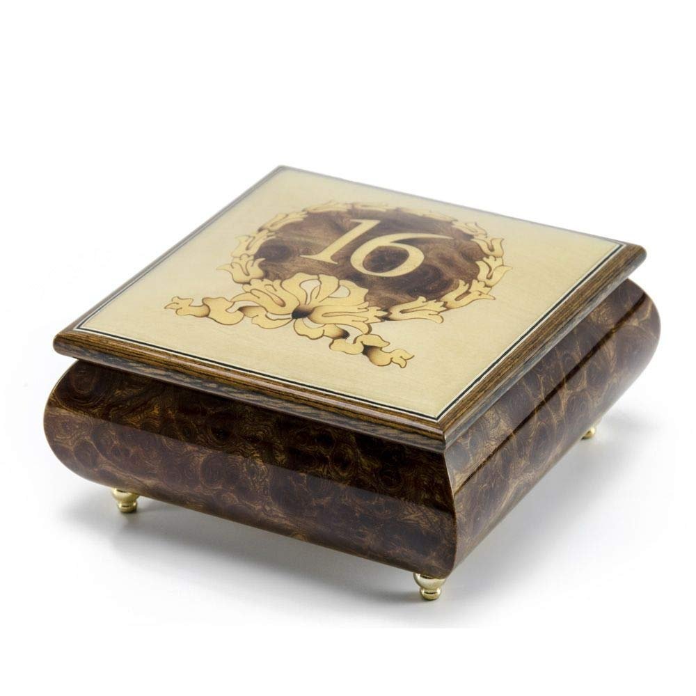 Sweet 16 Centered in Gold Wreath Sorrento Inlaid Music Jewelry Box - Many Songs to Choose - Wind Beneath My Wings (Beaches)