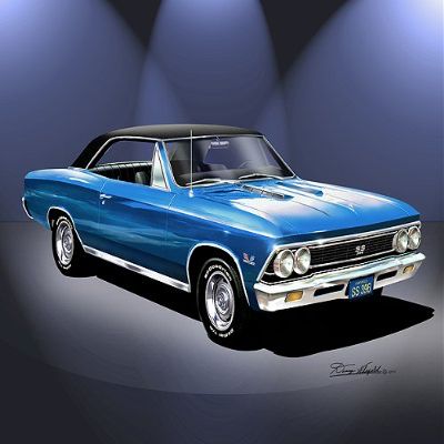 1966 CHEVELLE SS 396 blue ralley wheels vinyl top CAR ART PRINT POSTER - size 24 x 36