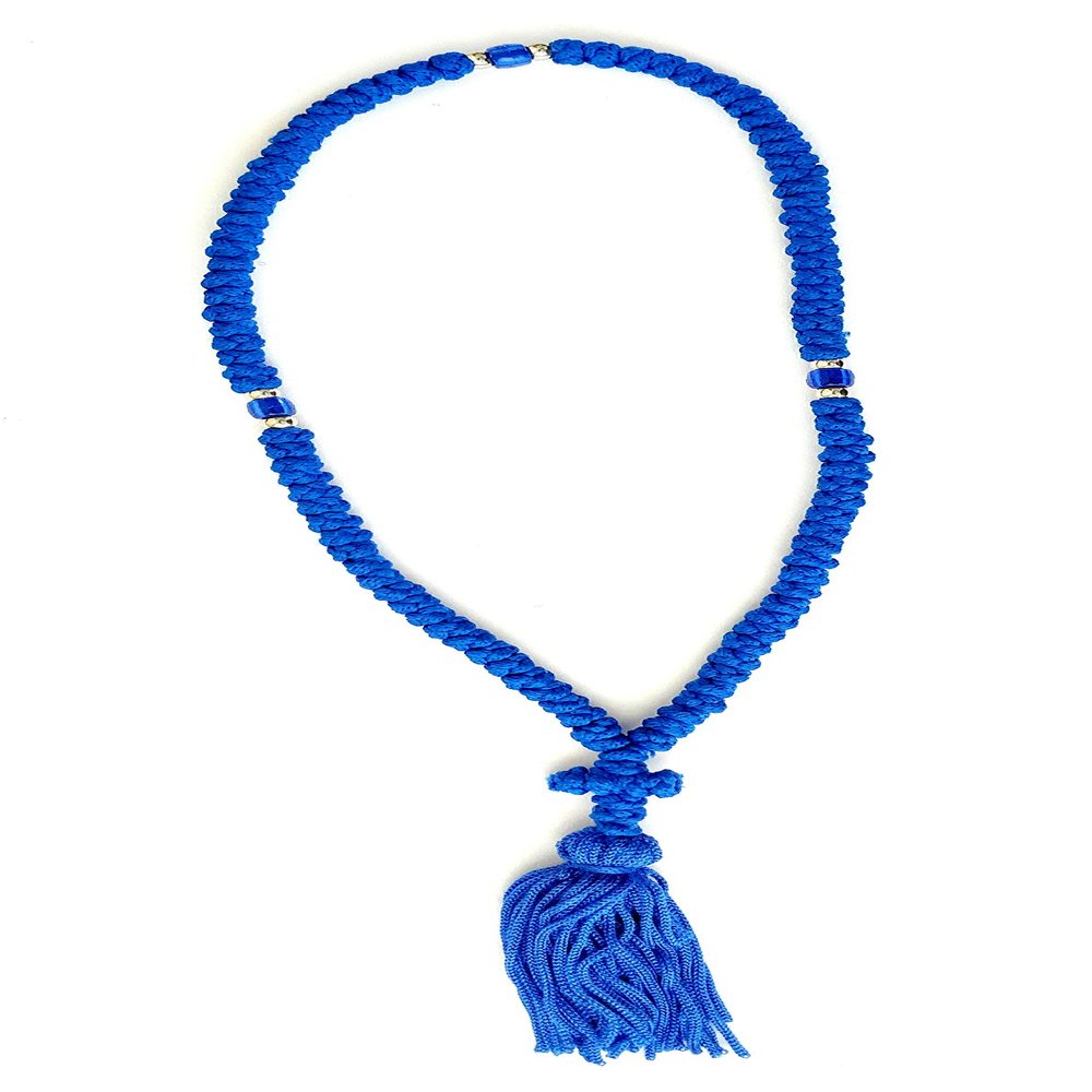 Iconsgr Handmade Blessed Christian Orthodox Greek Komboskoini Prayer Rope 100 Knots Pentant Blue MX