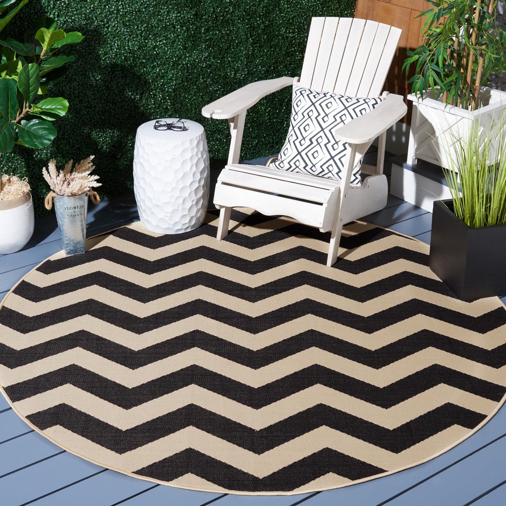 SAFAVIEH Washable Rug Outdoor Courtyard Collection - 7'10" Round, Black & Beige, Non-Shedding & Easy Cleaning, Ideal for Patio, Backyard, Mudroom (CY6245-256)