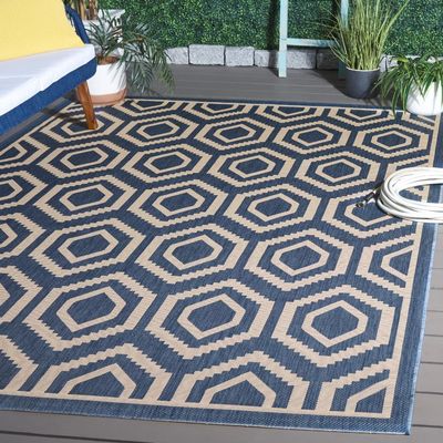 SAFAVIEH Washable Rug Outdoor Courtyard Collection - 7'10" Square, Blue & Beige, Non-Shedding & Easy Cleaning, Ideal for Patio, Backyard, Mudroom (CY6902-243)