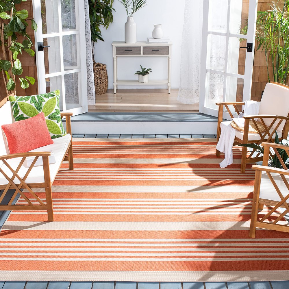 SAFAVIEH Washable Rug Outdoor Courtyard Collection - 7'10" Square, Terracotta & Beige, Non-Shedding & Easy Cleaning, Ideal for Patio, Backyard, Mudroom (CY6062-241)