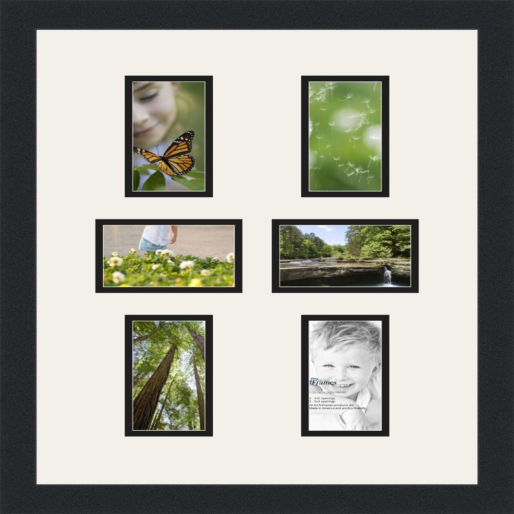 ArtToFrames Collage Photo Frame Double Mat with 6 - 3x5 Openings and Satin Black Frame