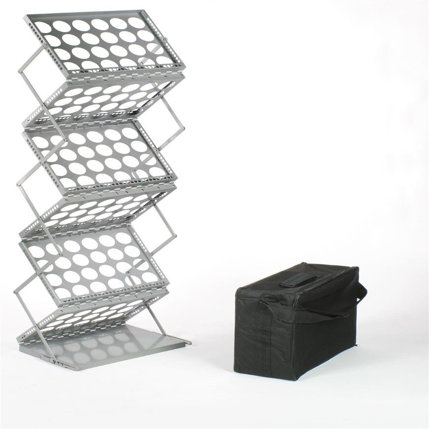Displays2go Metal Portable Magazine Rack with 6 Pockets Canvas Carrying Bag - Silver (LRJNYA3SLV)