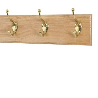 Solid Oak Coat Rack with Solid Brass Hat and Coat Style Hooks - Made in The USA (Natural, 15" x 3.5" with 3 Hooks)