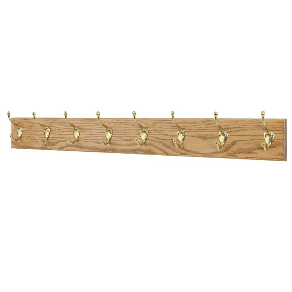 Solid Oak Coat Rack with Solid Brass Hat and Coat Style Hooks - Made in The USA (Golden Oak, 52" x 3.5" with 10 Hooks)