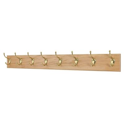 Solid Oak Coat Rack with Solid Brass Hat and Coat Style Hooks - Made in The USA (Natural, 41" x 3.5" with 8 Hooks)
