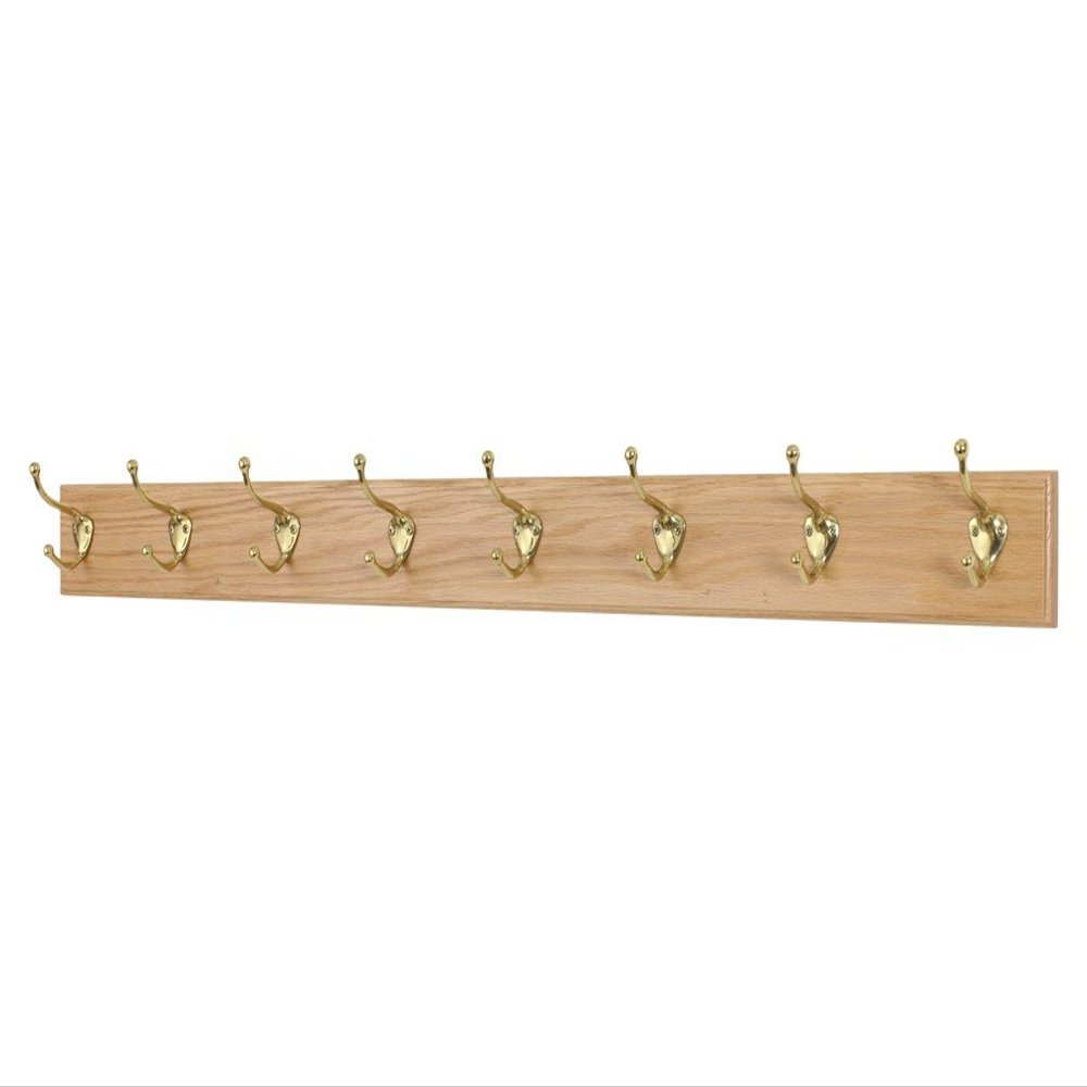 Solid Oak Coat Rack with Solid Brass Hat and Coat Style Hooks - Made in The USA (Natural, 41" x 3.5" with 8 Hooks)