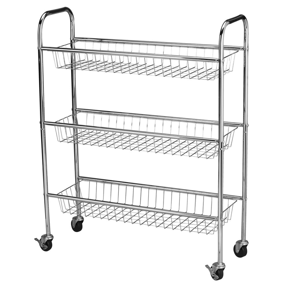 Household Essentials 3-Tier Slim Storage Cart, Heavy-Duty Steel Frame, Smooth Casters with Locks, Chrome-Like Powder Coat Finish, Arched Handles, Easy to Assemble, Modern, Compact, Silver