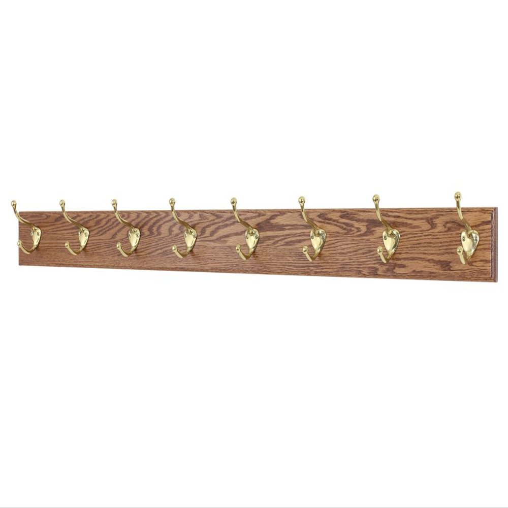 Solid Oak Coat Rack with Solid Brass Hat and Coat Style Hooks - Made in The USA (Chestnut, 41" x 3.5" with 8 Hooks)