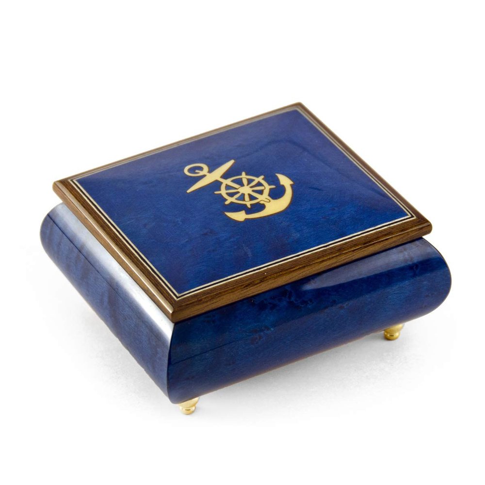 Vibrant Blue Nautical Theme Inlay of Anchor Music Box - Many Songs to Choose - Thriller