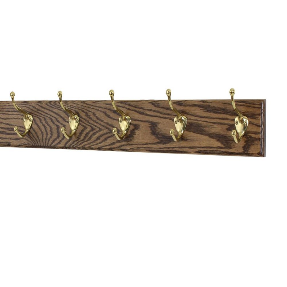 Solid Oak Coat Rack with Solid Brass Hat and Coat Style Hooks - Made in The USA (Walnut, 25.5" x 3.5" with 5 Hooks)