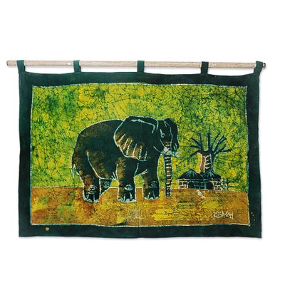 NOVICA Large Cotton Batik Wall Mural, Green, Proud African Elephant'