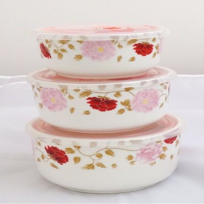 3 Piece Premium Ceramic Food Storage Container Set with Lids (Red Rose)