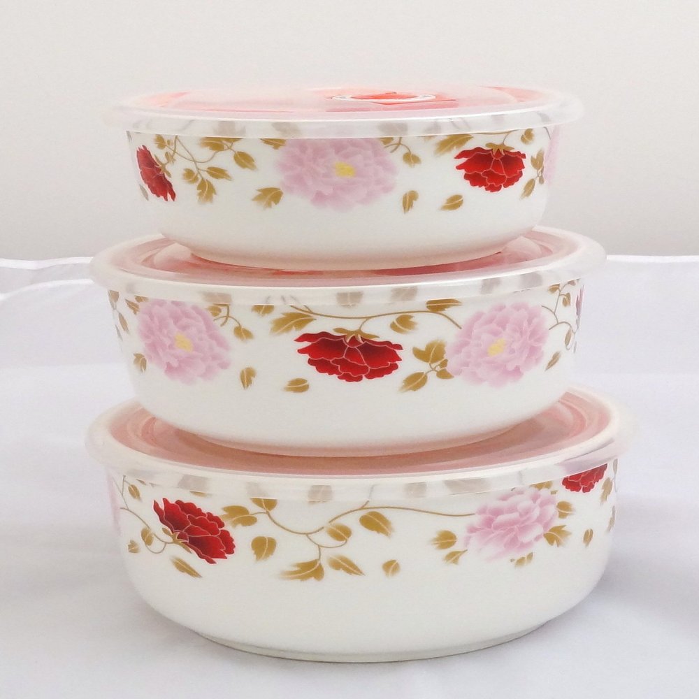 3 Piece Premium Ceramic Food Storage Container Set with Lids (Red Rose)