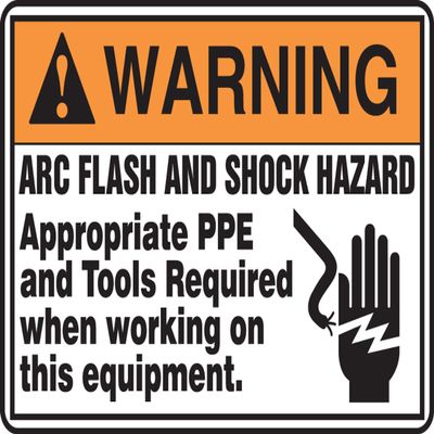 Accuform MELC361VA Aluminum Safety Sign, "Warning ARC Flash and Shock Hazard Appropriate PPE and Tools Required When Working ON This Equipment" with Graphic, 10" x 14", Orange/Black on White
