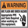 Accuform MELC361VA Aluminum Safety Sign, "Warning ARC Flash and Shock Hazard Appropriate PPE and Tools Required When Working ON This Equipment" with Graphic, 10" x 14", Orange/Black on White view 1
