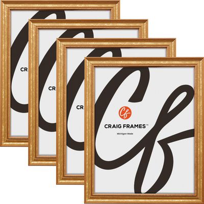 Craig Frames 12x36 Picture Frame  Gold Ornate Style, 3/4 Inch Wide Solid Wood Moulding with Vintage Beaded Detail, Plexiglass and Backing Included, Wall Display Frame for Art and Photos, Set of 4