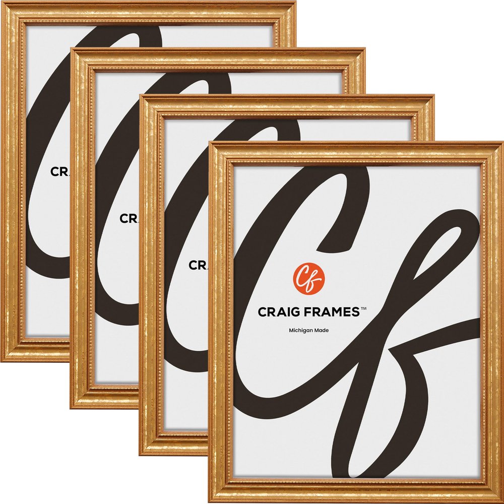 Craig Frames 12x36 Picture Frame  Gold Ornate Style, 3/4 Inch Wide Solid Wood Moulding with Vintage Beaded Detail, Plexiglass and Backing Included, Wall Display Frame for Art and Photos, Set of 4