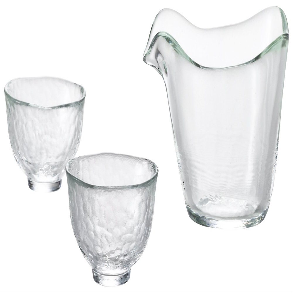 Aderia FS-71515 Tsugaru Vidro Sake Cup Gift Set, Clear, 2.4 fl oz (70 ml) x 2, Single Mouth 9.5 fl oz (270 ml) x 1, Heat Resistant Glass Sake Cup Set, Made in Japan, Microwave Safe